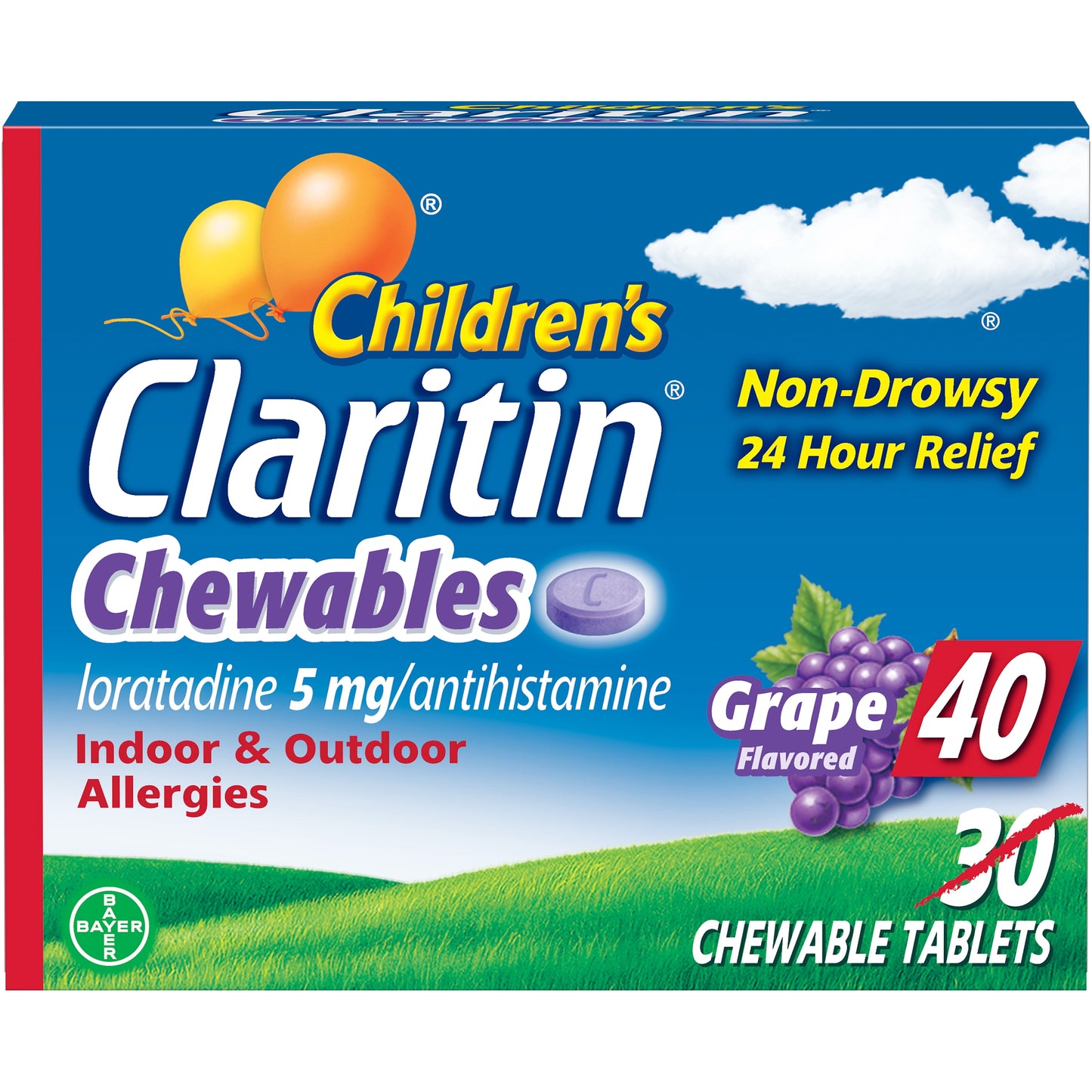 Children's Claritin 24 Hour Allergy Grape Chewable Tablet, 5mg, 40Ct (30+10 Bonus)