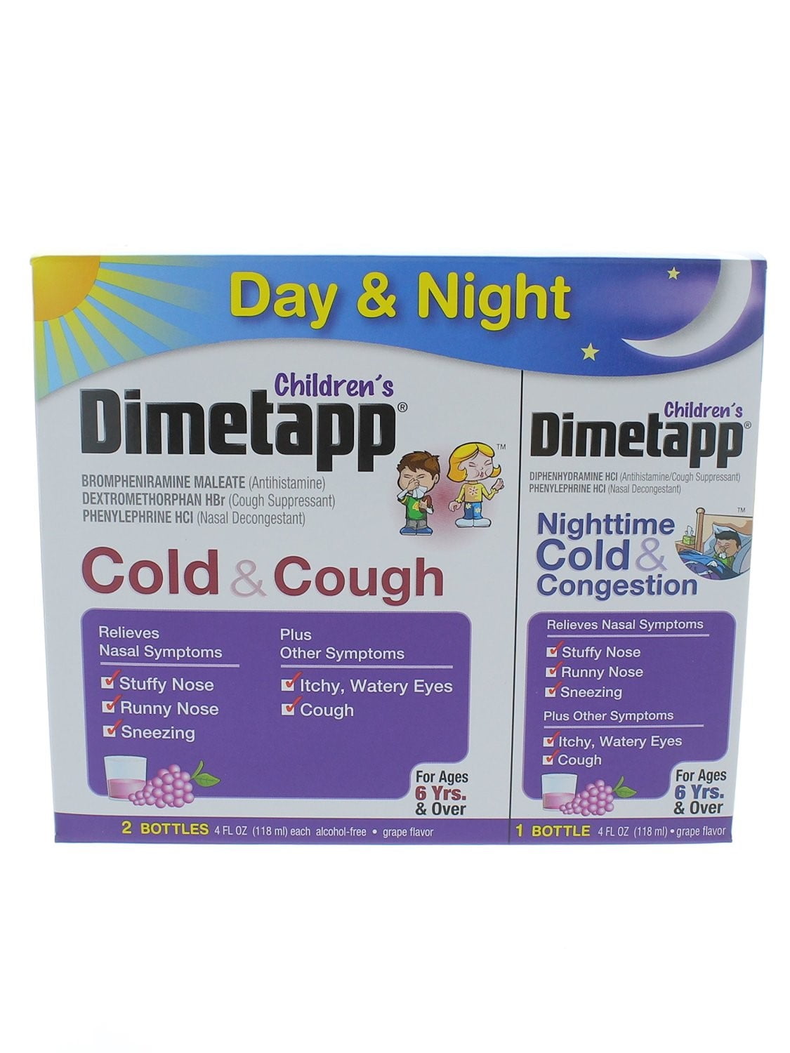 Children's Dimetapp Day Cold & Cough and Nighttime Cold & Congestion Liquid, Grape, 4 Fl Oz, 3 Ct