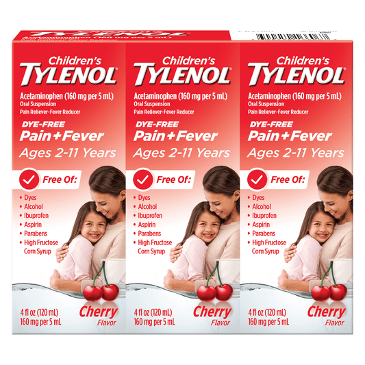 Children's Tylenol Ages 2-11 Pain + Fever Dye-Free Medicine Cherry Flavor, 3 x 4 fl. oz.