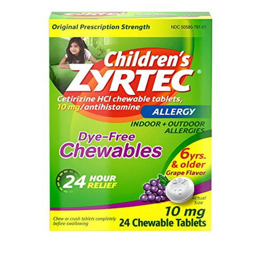 Children's Zyrtec Allergy Dye-Free Chewables, 6 Years & Older, Grape Flavor, 24 Count