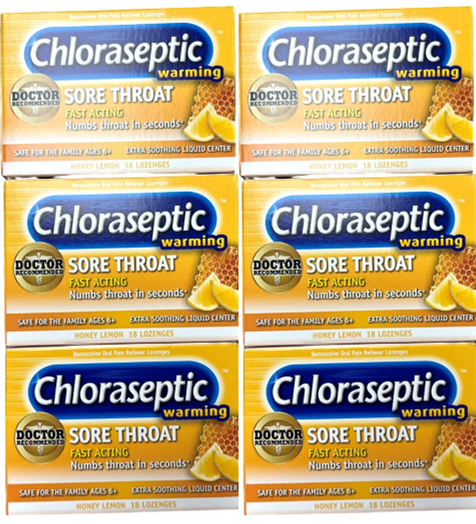 Chloraseptic Sore Throat Warming Lozenges Honey Lemon 18 Each (Pack of 6)