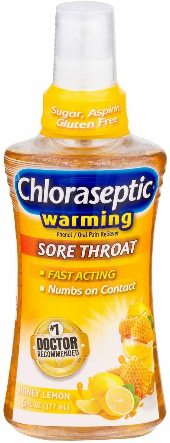 Chloraseptic Warming Sore Throat Spray, Sugar Free, Honey Lemon 6 oz (Pack of 4)