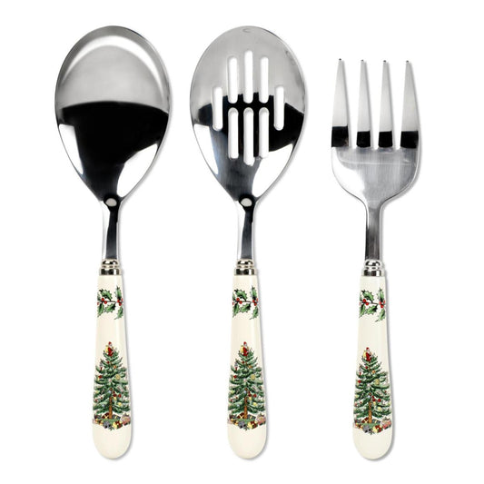 Spode Christmas Tree 3-Piece Stainless Steel Cutlery Set - Porcelain Handle Flatware with Meat Fork, Serving Spoon, and Slotted Spoo - Holiday Silverware for Christmas Dinners & Seasonal Gatherings