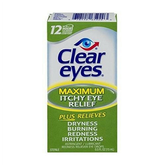 Clear Eyes Maximum Itchy Eye Relief - #1 Selling Brand of Eye Drops - Relieves Dryness, Burning, Redness, and Irritations - Up to 12 Hours of Soothing Comfort - 0.5 Ounces Pack of 6