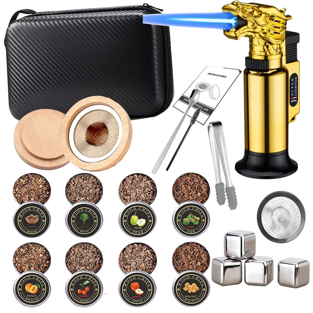 Cocktail Smoker Kit with Torch – 8 Flavors Wood Chips – Bourbon, Whiskey Smoker Infuser Kit, Old Fashioned Drink Smoker Kit, Bourbon Birthday Gift for Men, Dad, Husband (Butane Free)