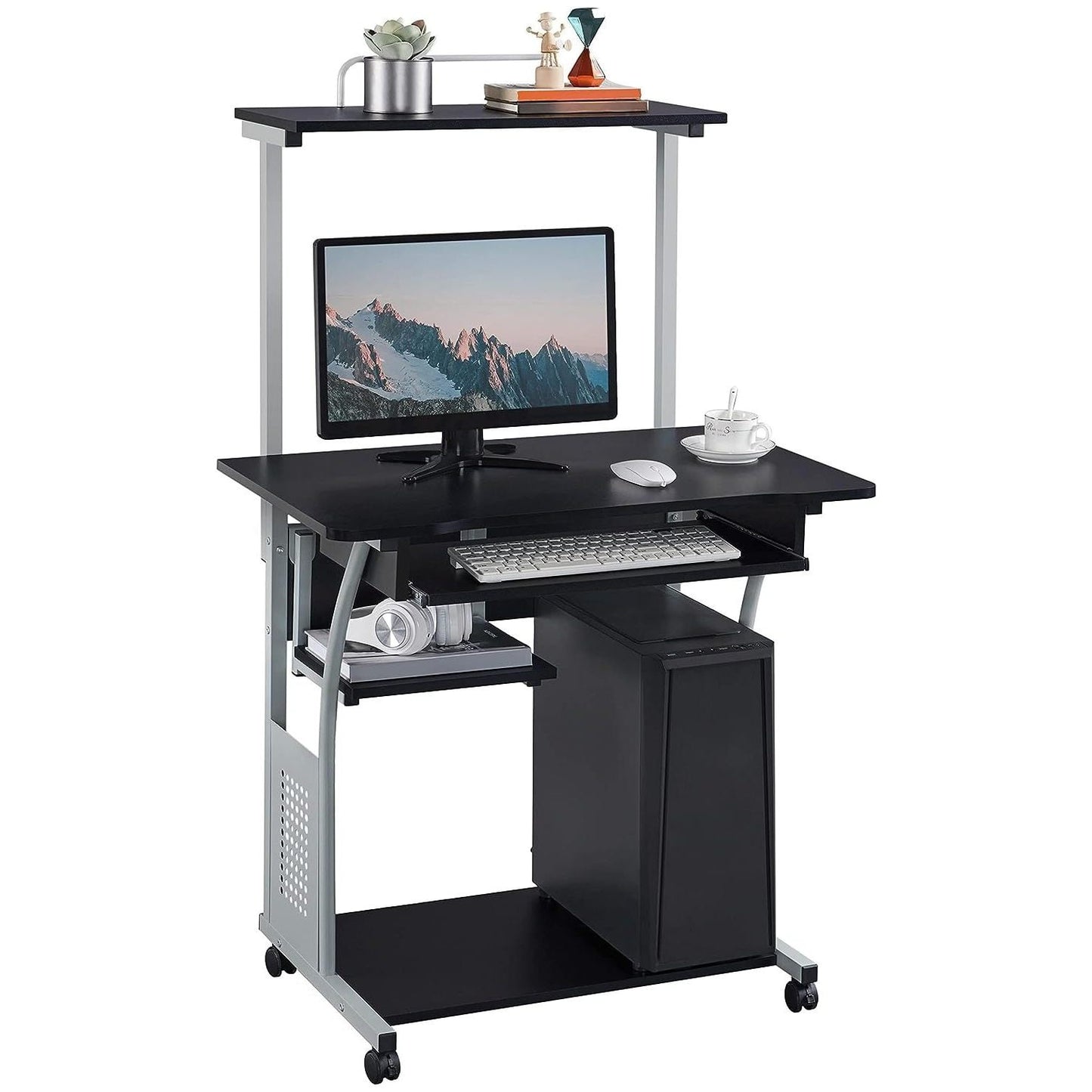 CodYinFI 3 Tier Computer Desk with Printer Shelf and Keyboard Tray, Home Office Desk Computer Workstation Rolling Study PC Laptop Table for Small Spaces Black