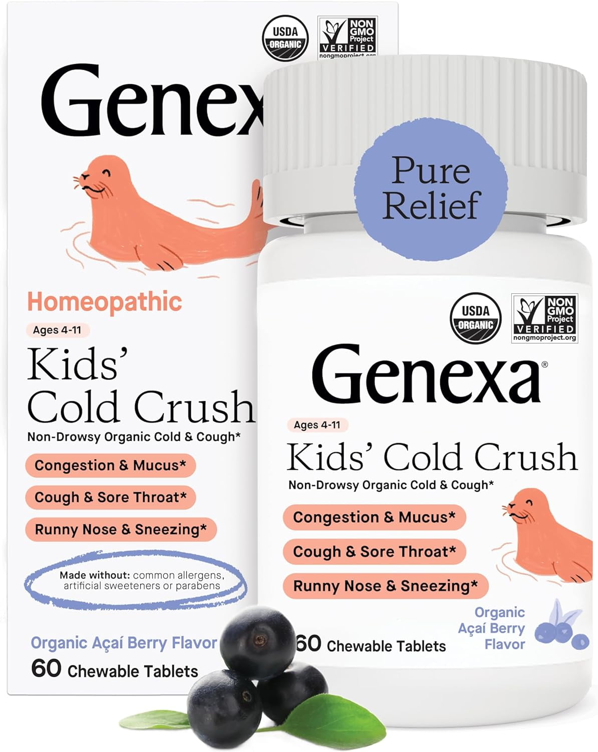 Genexa Kids' Cold Crush | Multi-Symptom Cough & Cold Relief for Children | Delicious Organic Acai Berry Flavor | Certified Organic & Non-GMO | Homeopathic Remedy Made Clean | 60 Chewable Tablets