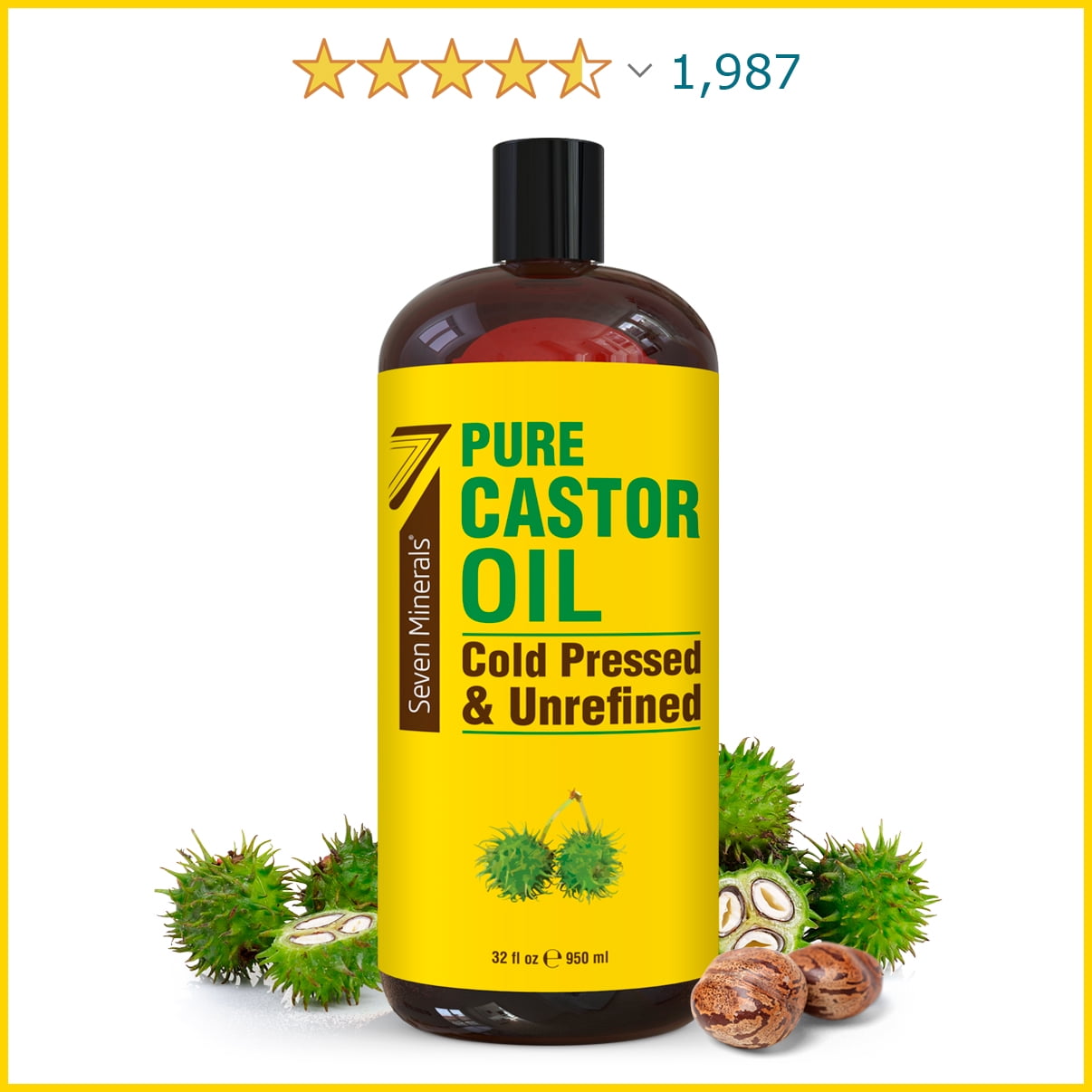 Cold Pressed Castor Oil - Big 32 fl oz Bottle - Unrefined & Hexane Free - 100% Pure Castor Oil by Seven Minerals