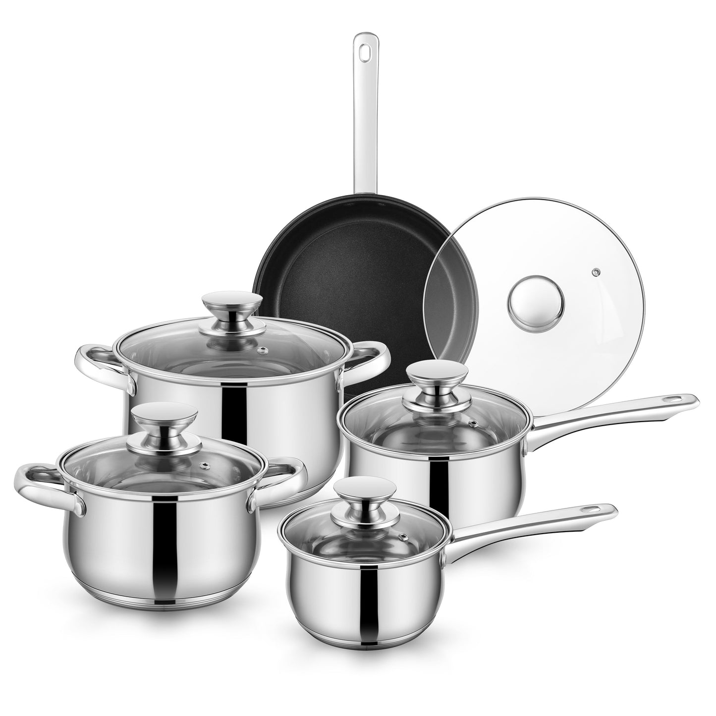 Coliware Pots and Pans Set, 5Pcs Stainless Steel Cookware Sets with Stock Pots Saucepans Frying Pans, Non-Stick Commercial Cooking Set Compatible with All Stovetops, Dishwasher Safe