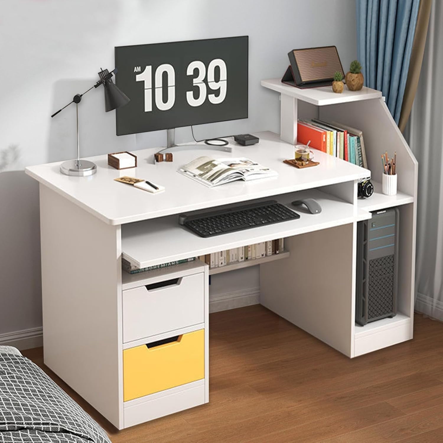 Computer Desk with 2 Drawers and 3 Hutch Shelves, 47" Gaming Desk with Wide Desktop and Keyboard Drawer, Wood home office desks,Modern Writing Desk White