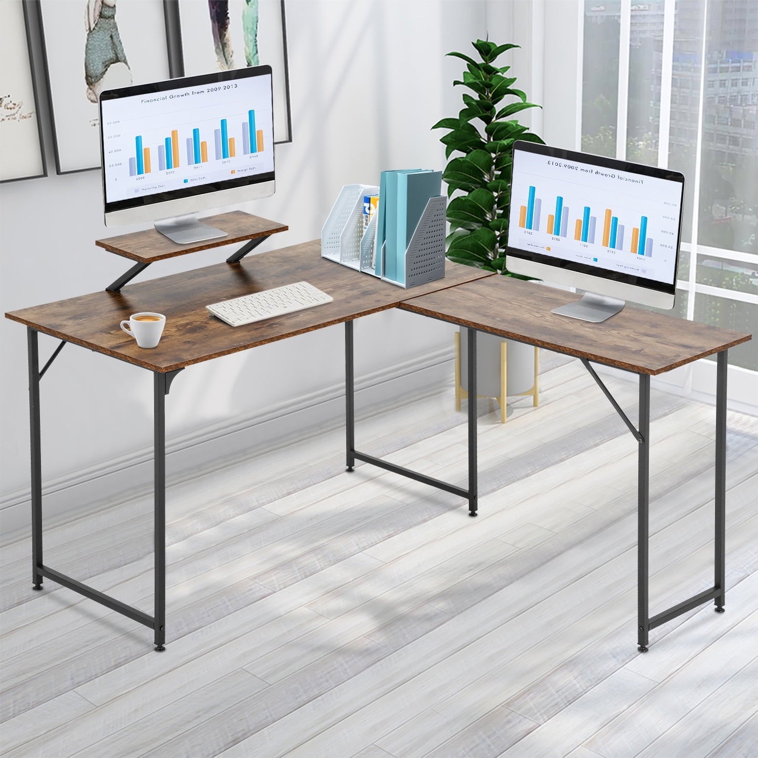 Computer Desk L Shaped Desk Gaming desk Office Writing Desk Modern Student Girl Kids Study PC Simple Extra Large Ergonomic Table Workstation with Monitor Stand,Vintage