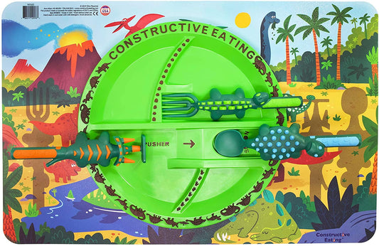 Constructive Eating Made in USA Dinosaur Combo Set of 3 Utensils, Plate & Placemat for Toddlers, Infants, Babies and Kids - Made With Materials Tested for Safety