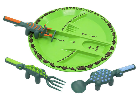 Constructive Eating Made in USA Dinosaur Combo Set of 3 Utensils and Plate for Toddlers, Infants, Babies and Kids - Made With Materials Tested for Safety