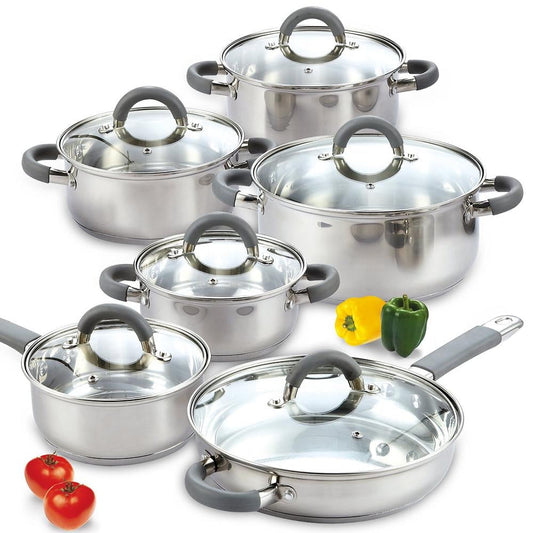 Cook N Home Kitchen Cookware Sets, 12-Piece Basic Stainless Steel Pots and Pans with Grey Silicone Handles, Silver