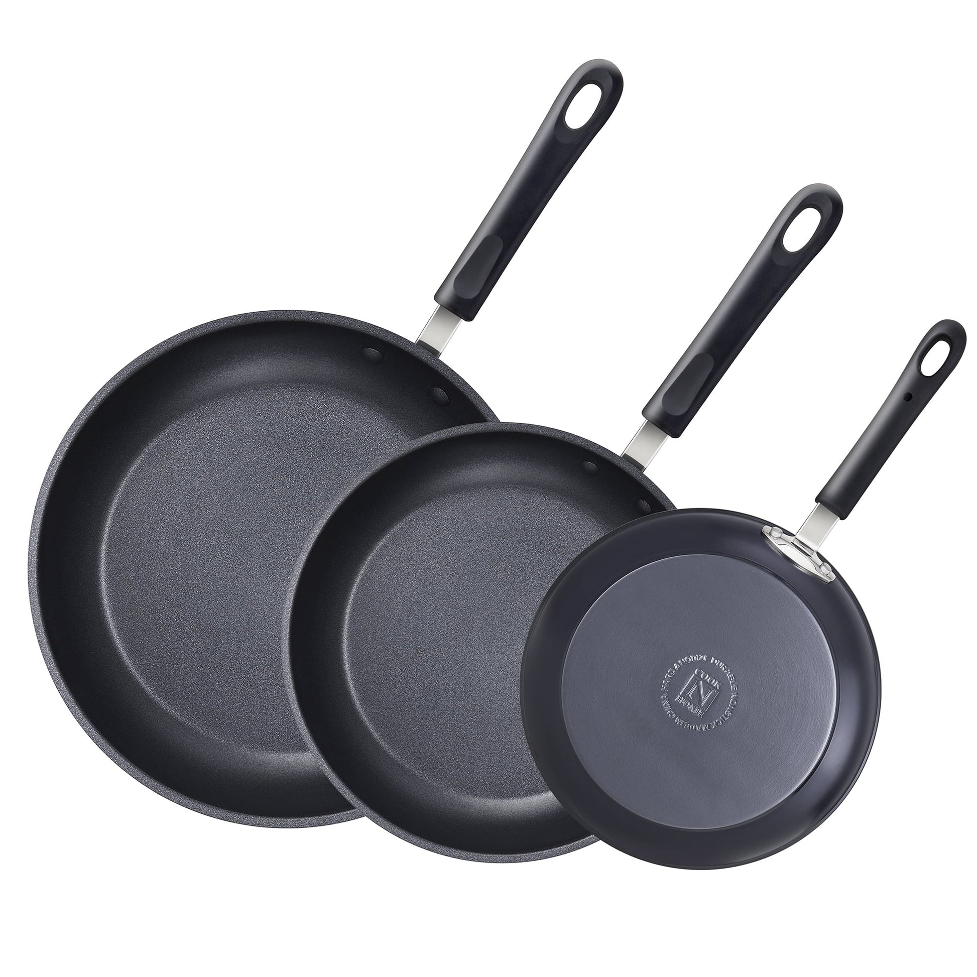 Cook N Home Nonstick Sauté Fry Pan (8"/9.5"/12") Professional Hard Anodized Frying Pan 3 Piece Skillets Cookware Sets, Dishwasher Safe with Stay-Cool Handles, Black