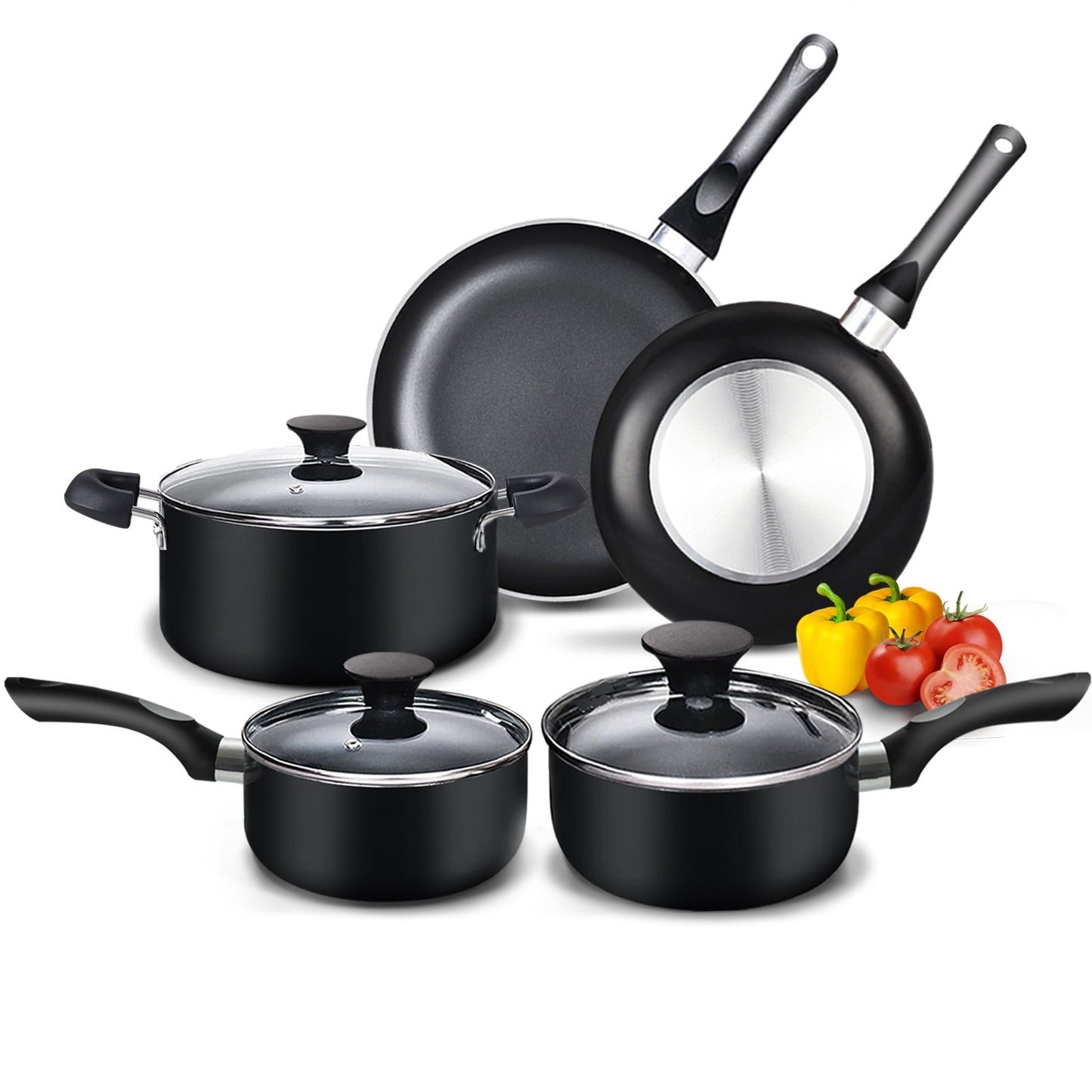 Cook N Home Pots and Pans Nonstick Cooking Set includes Saucepan Frying Pan Kitchen Cookware 15-Piece, Stay Cool Handle, Black