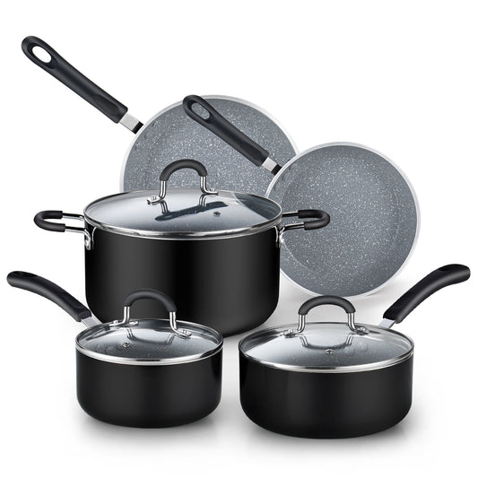 Cook N Home Pots and Pans Non-stick, Kitchen Cookware Set Nonstick Include Saucepan Frying Pan Stockpots 8-Piece, Heavy Gauge, Stay Cool Handle, Marble