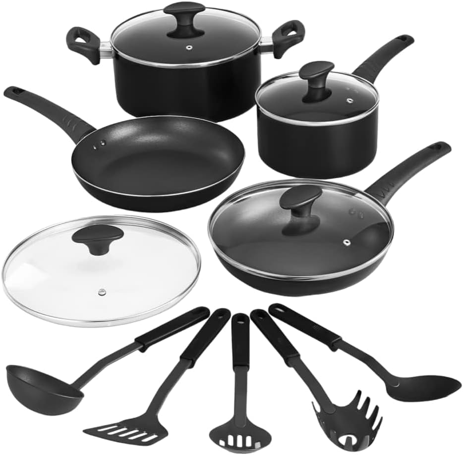 Cookware Set, 12 Piece Pots and Pans with Utensils, Nonstick PFOA Free Scratch Resistant Cooking Surface Compatible with All Stoves, Nylon and Aluminum, Black