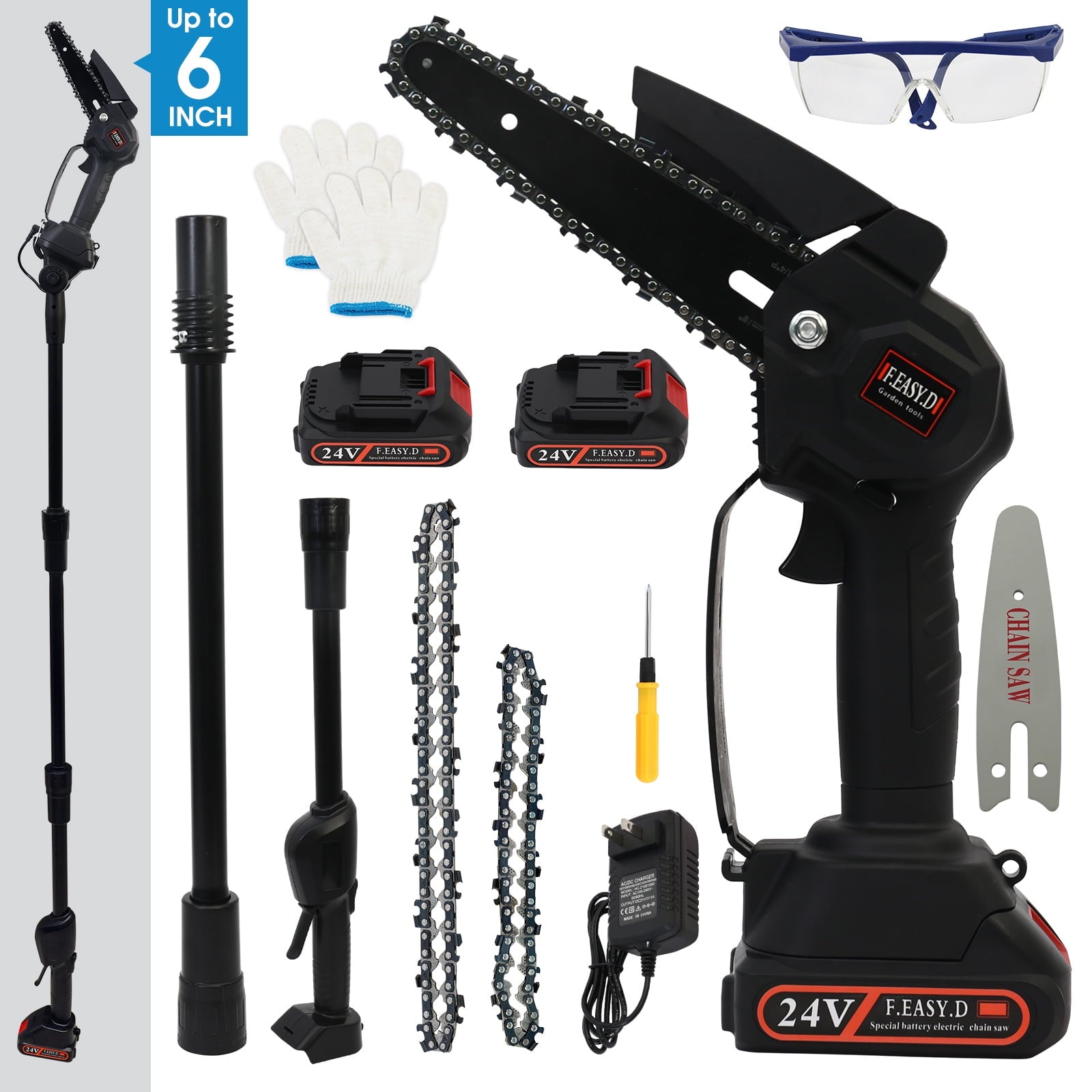 Cordless Pole Saw, Baokaler Mini Chainsaw & Cordless Pole, with Retractable Extension Rod, with 2 Replaceable 24V Batteries for Tree Trimming