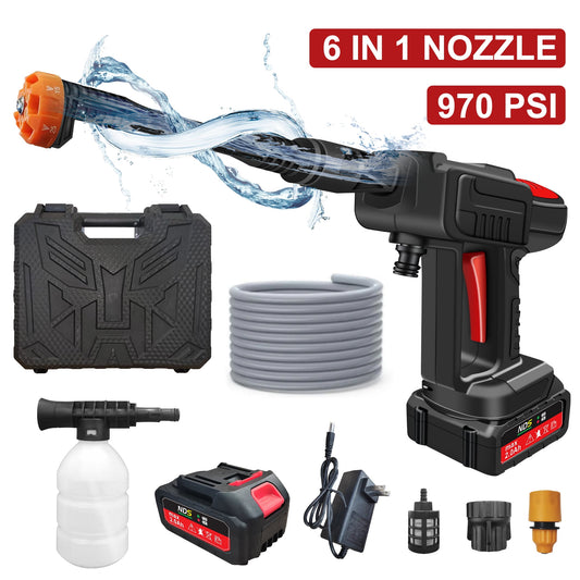 Cordless Pressure Washer, 970PSI portable pressure washer, High Power Handheld Washer with 6-in-1 Adjustable Nozzle, 24V 2000 mAh Battery for Car, Floor, Garden