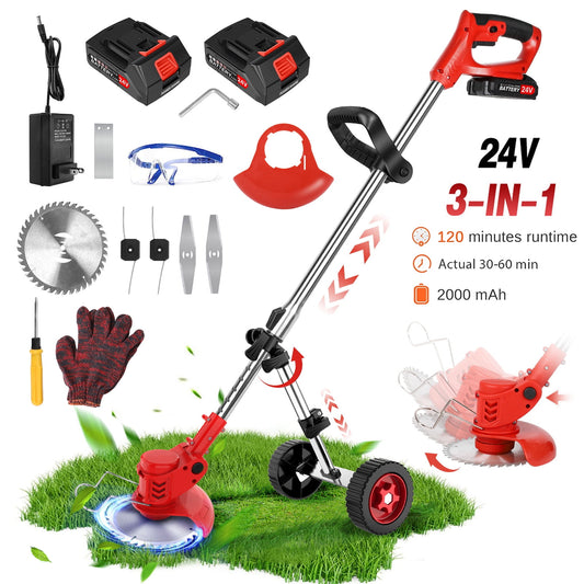 Cordless Weed Eaters Electric Grass Trimmer & Edger, Tanbaby 6 inch 3-in-1 Weed Wacker Kit with Upgraded Wheels