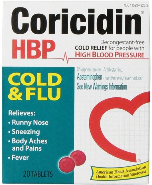 Coricidin HBP Cold & Flu Tablets, 20 ea (Pack of 3)