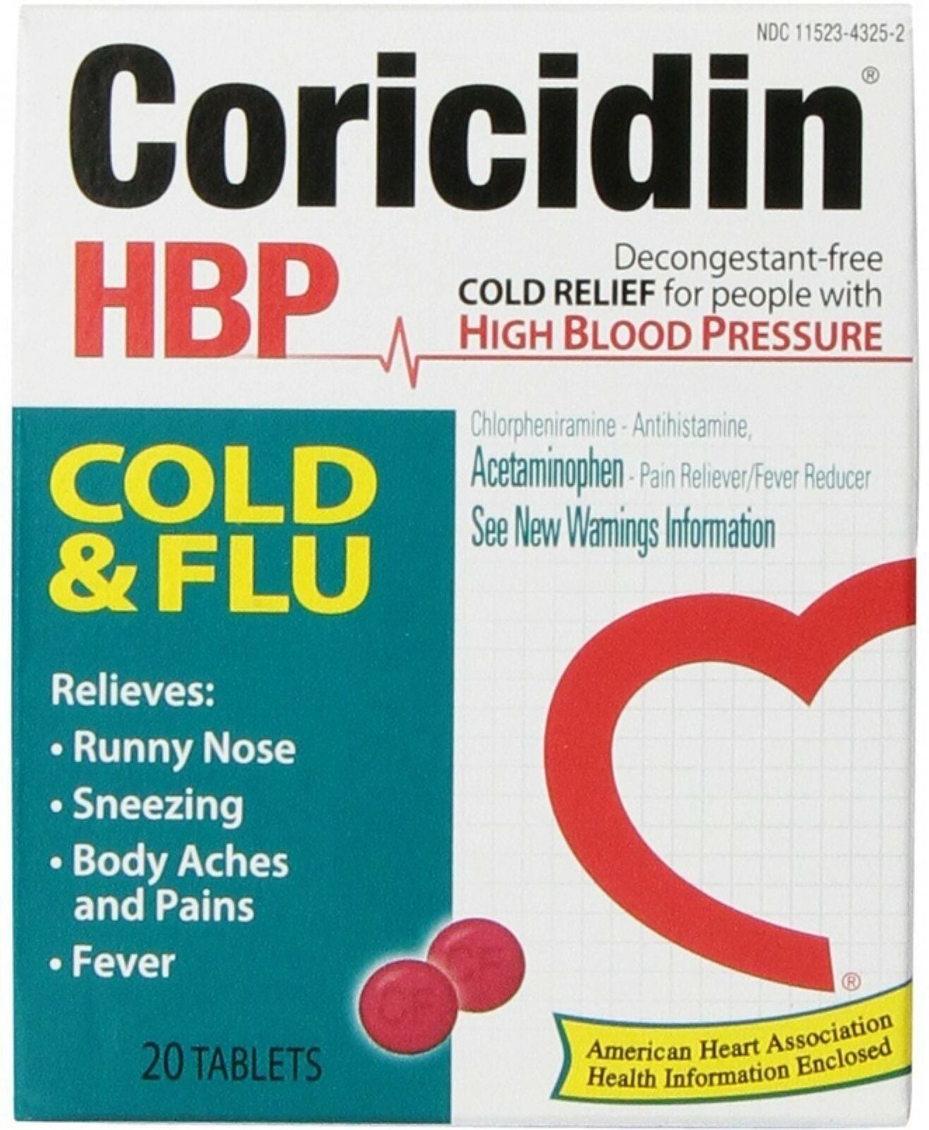 Coricidin HBP Cold & Flu Tablets, 20 ea (Pack of 4)