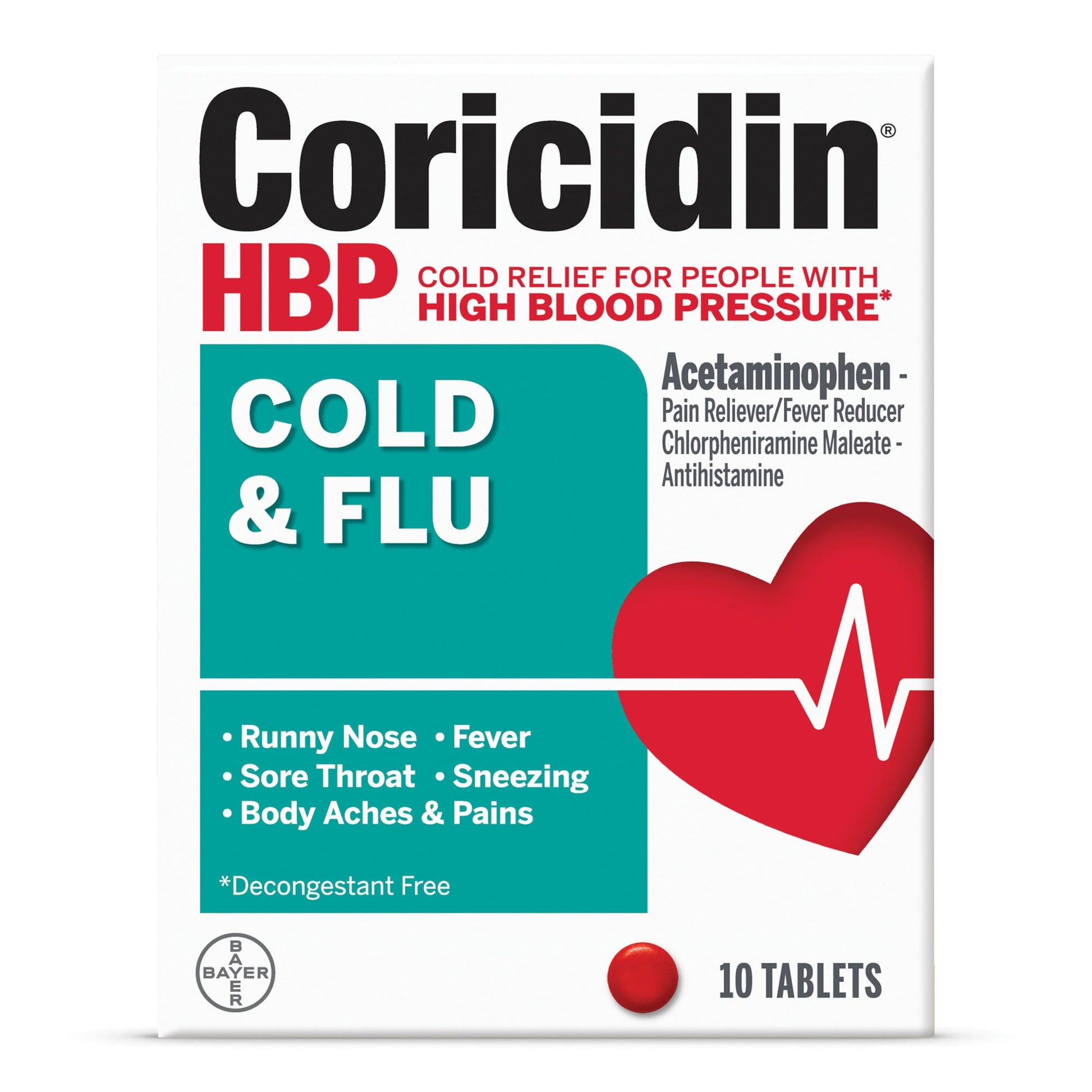 Coricidin HBP Cold and Flu Relief for Blood Pressure 10 Tablets, Pack of 5