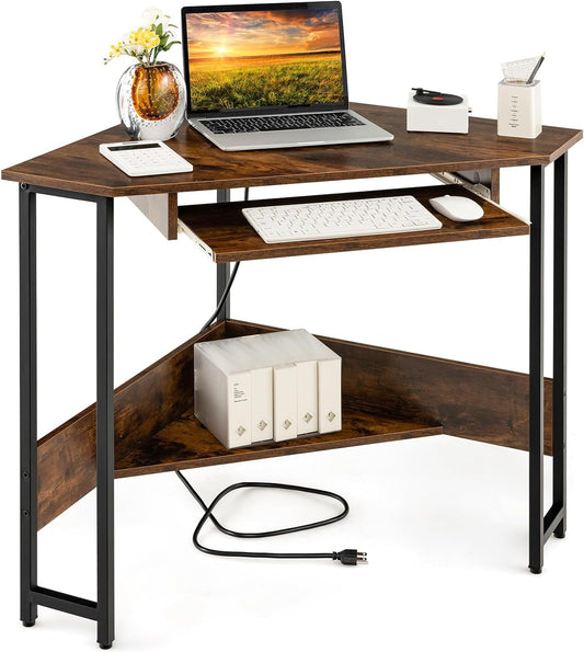 Corner Desk with Power Outlets, Small Corner Computer Desk with Keyboard Tray & Storage Shelf, Corner Office Desk for Small Space, Triangle Workstation for Home Office, Living Room, Bedroom