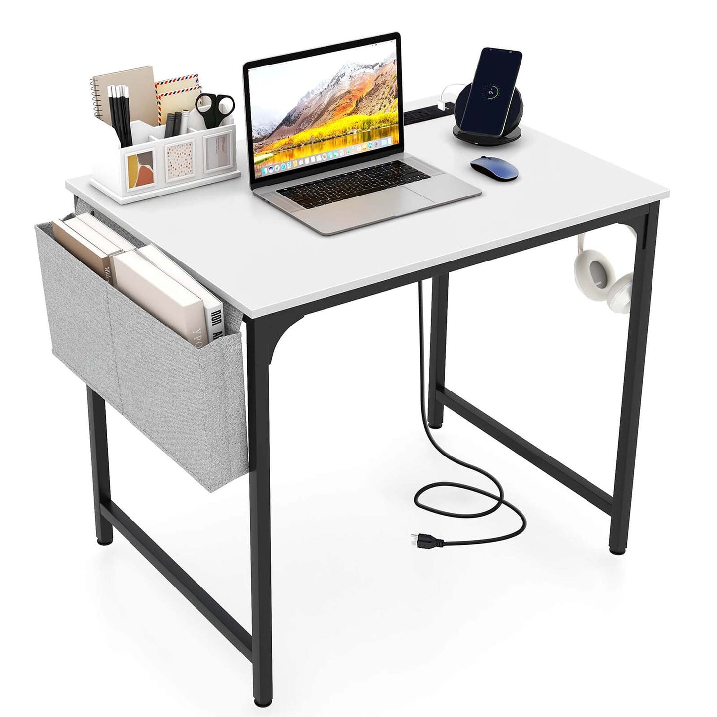 Costway 32" Computer Desk Small with Charging Station Storage Bag & Headphone Hook