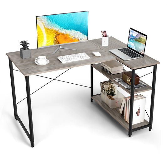 Costway 48'' Reversible L Shaped Computer Desk Home Office Table Adjustable Shelf Gray