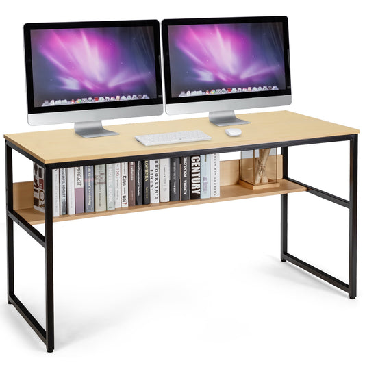 Costway 55'' Computer Desk Writing Table Workstation Home Office w/Bookshelf Natural