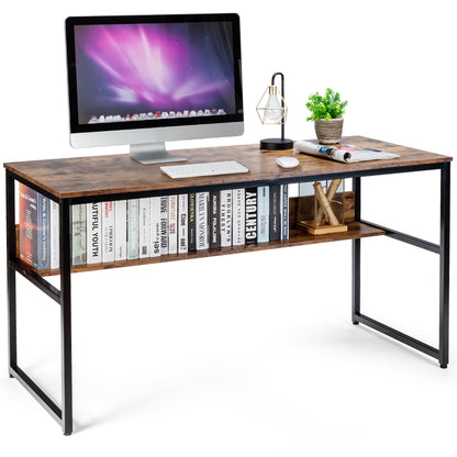 Costway 55'' Computer Desk Writing Table Workstation Home Office w/Bookshelf Natural