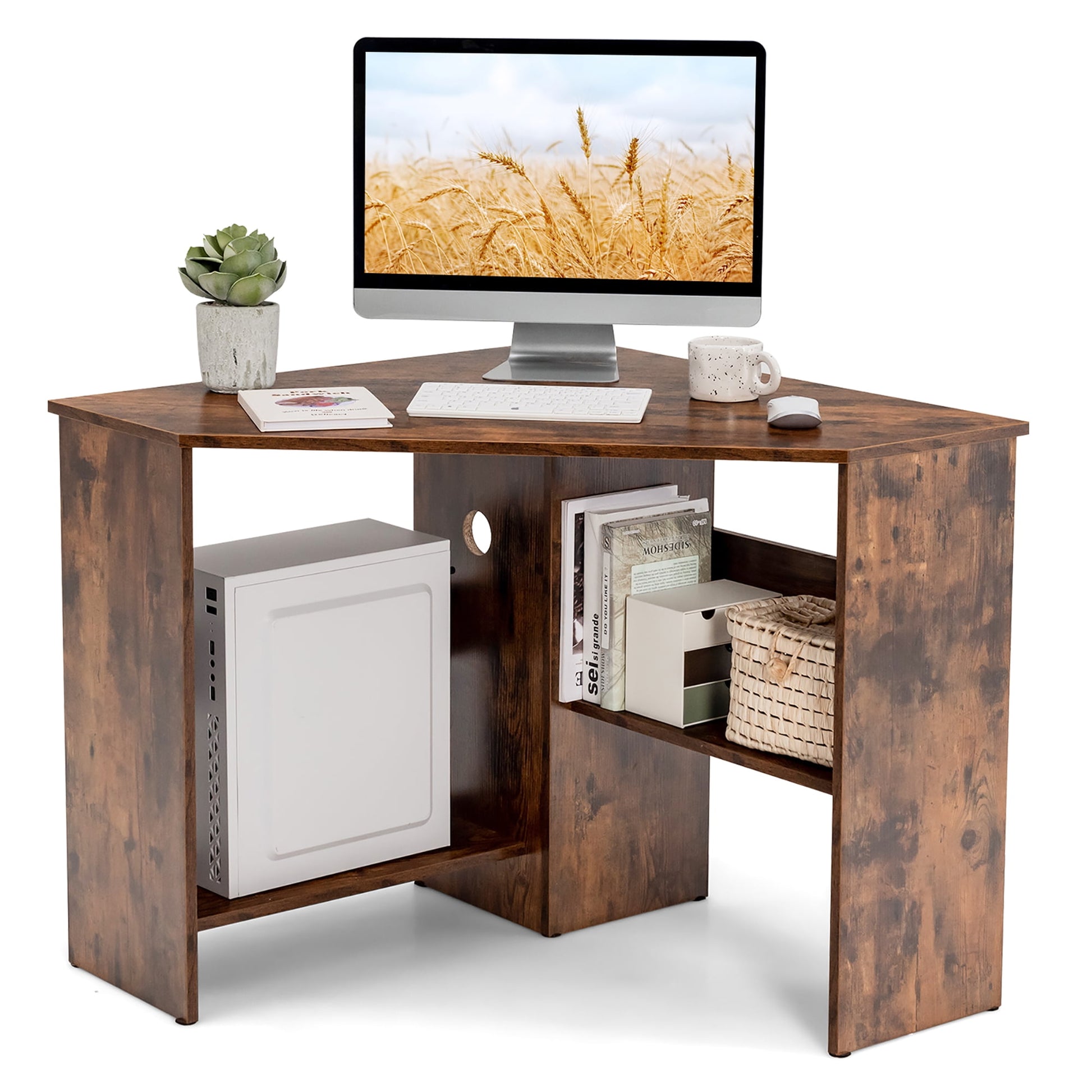 Costway Corner Computer Desk Triangle Writing Workstation w/Storage Shelf Rustic