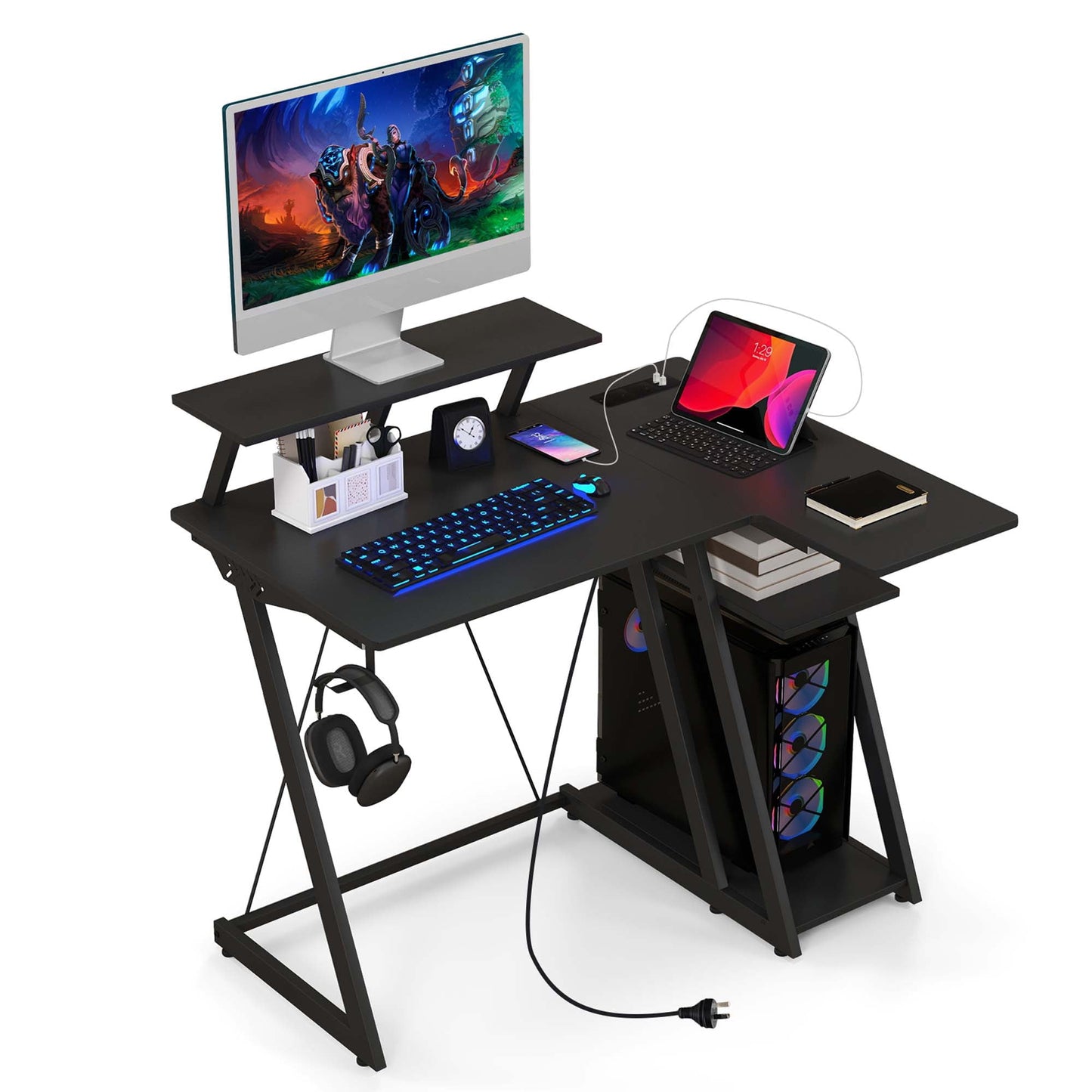 Costway L Shaped Gaming Desk with Outlets & USB Ports Monitor Shelf Headphone Hook White