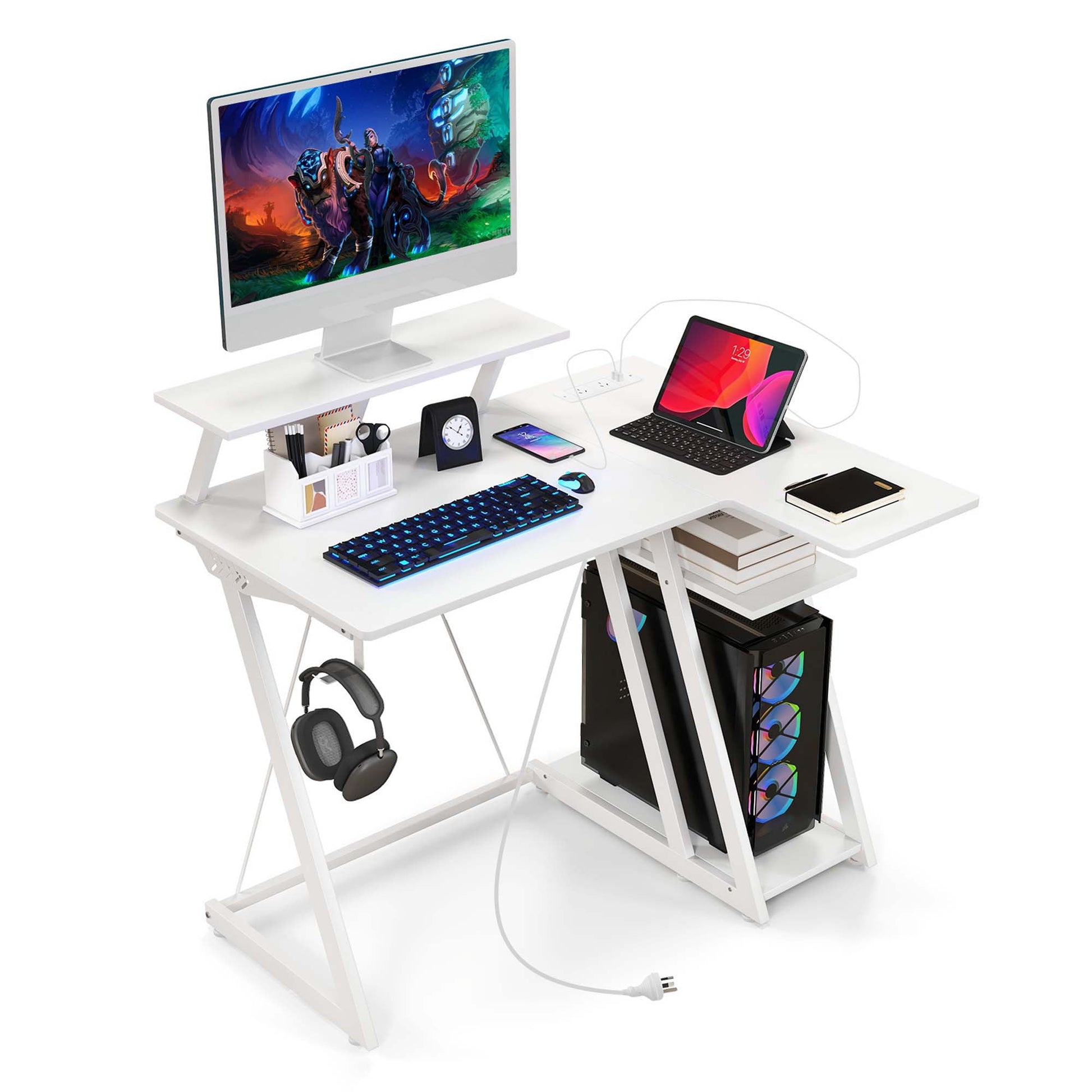 Costway L Shaped Gaming Desk with Outlets & USB Ports Monitor Shelf Headphone Hook White