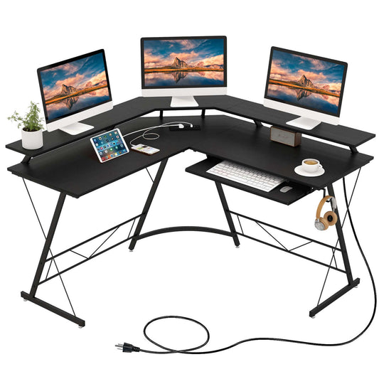 Costway L-shaped Computer Desk with Power Outlet 51" Corner Computer Workstation Black