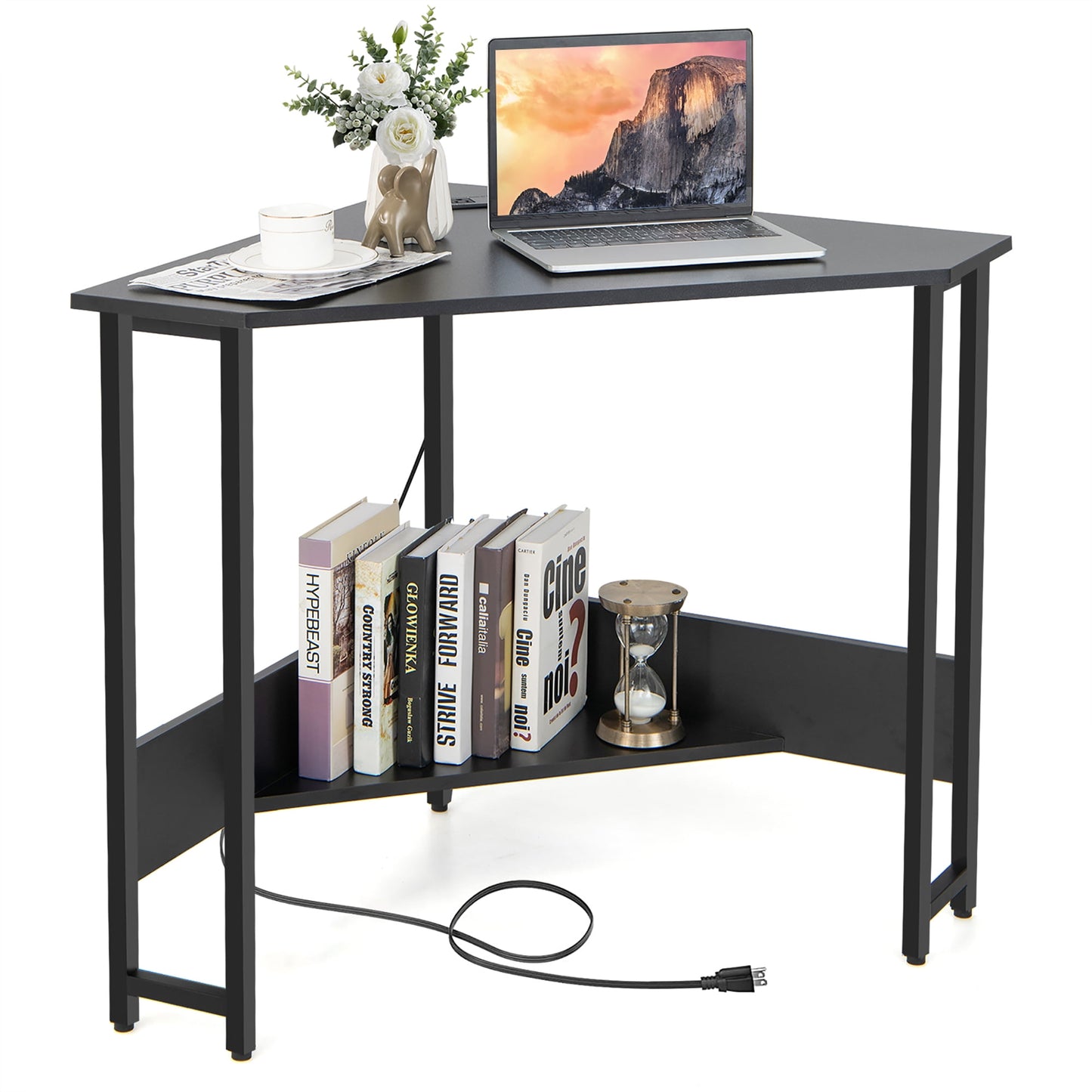 Costway Triangle Computer Desk Corner Desk Home Office w/Power Outlets USB Ports Rustic