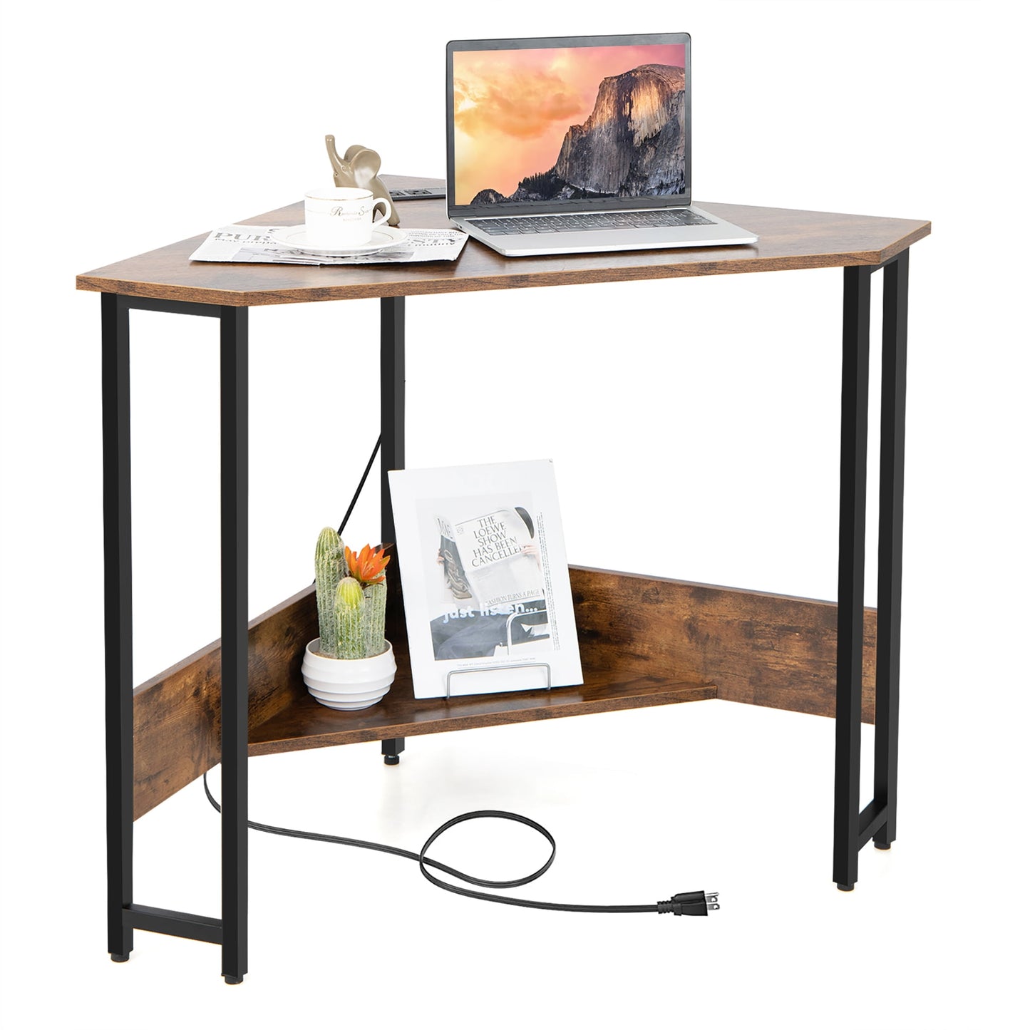 Costway Triangle Computer Desk Corner Desk Home Office w/Power Outlets USB Ports Rustic