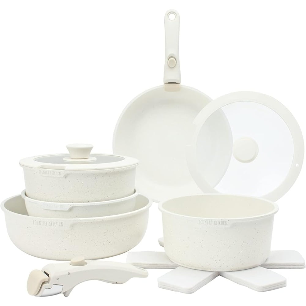 Country Kitchen 13 Piece Pots and Pans Set - Safe Nonstick K with Removable Handle, RV Cookware Set, Oven Safe (Cream)