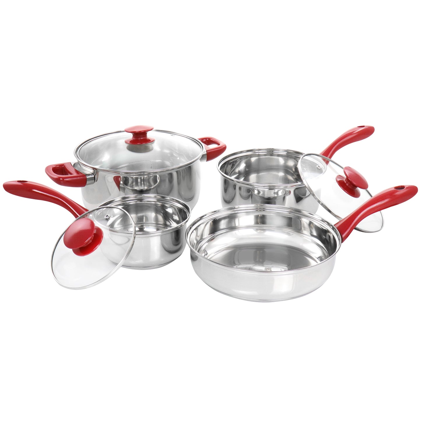 Crawson 7 Piece Stainless Steel Cookware Set in Chrome with Red Handles