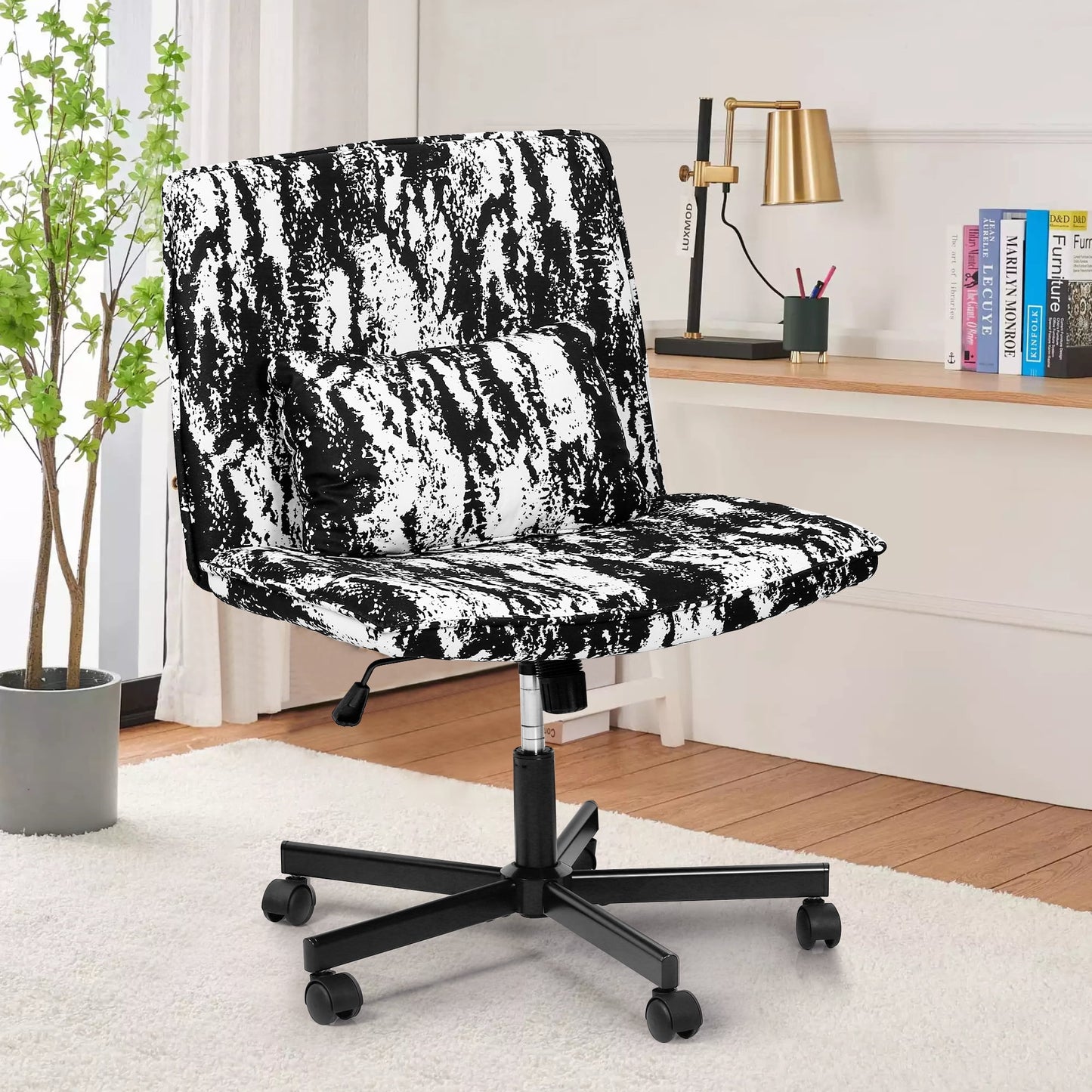 Cross Legged Office Chair with Wheels, Criss Cross Desk Chair with Adjustable Height & Lumbar Pillow, Computer Desk Chair for Living Room, Bedroom, Apartment & Office, Load 250LBS, Black + White