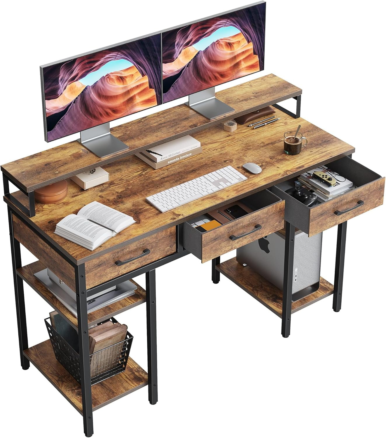 CubiCubi 47 Inch Computer Desk with 3 Drawers and Storage Shelves, Small Home Office Desk with Monitor Stand, Study Writing Table for Bedroom, Rustic Brown