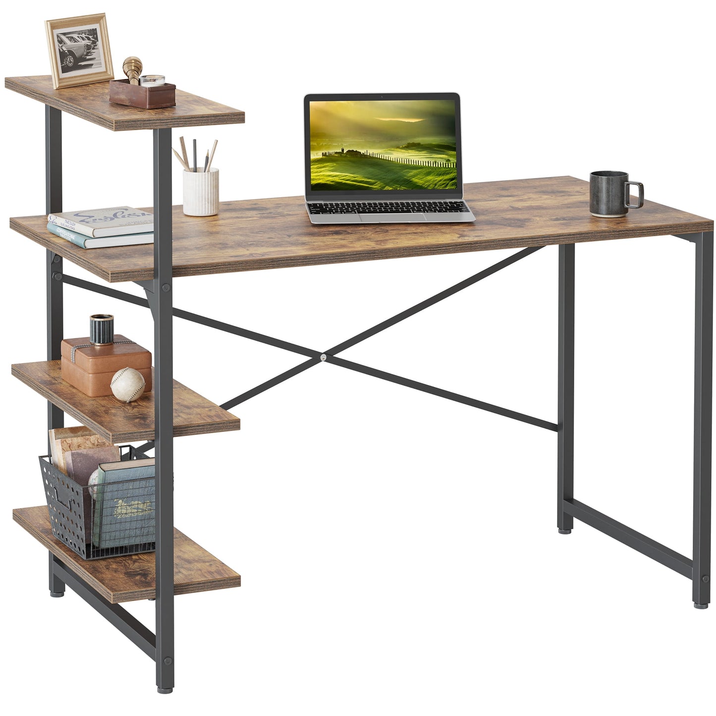 CubiCubi 47 x 24inch Small Computer Desk with Shelves 47 inch, Home Office Desk, Study Writing Desk, Brown