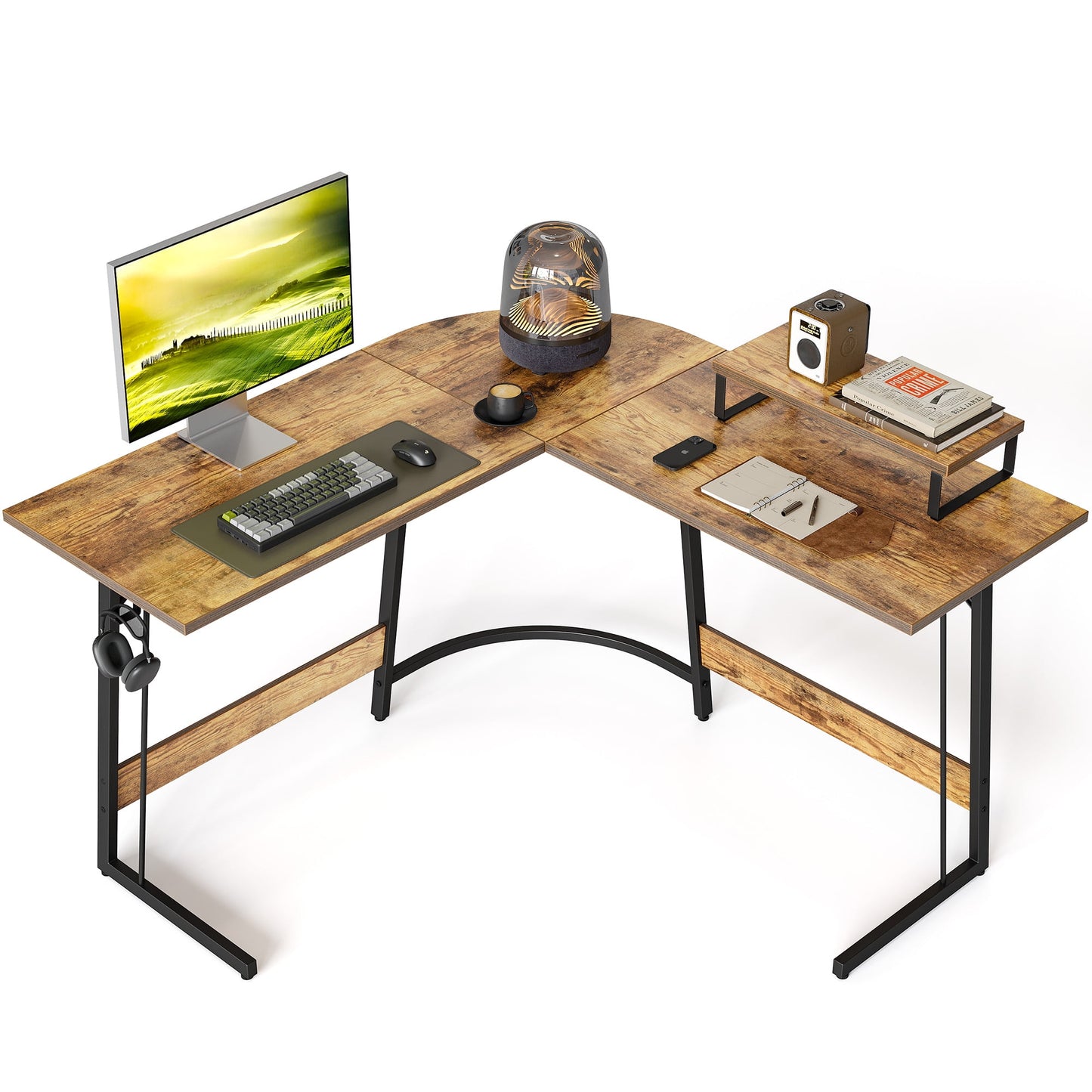 CubiCubi 47x47 inch L Shaped Gaming Desk Computer Office Desk, Corner Desk with Large Monitor Stand for Home Office Study Writing Workstation, Rustic Brown