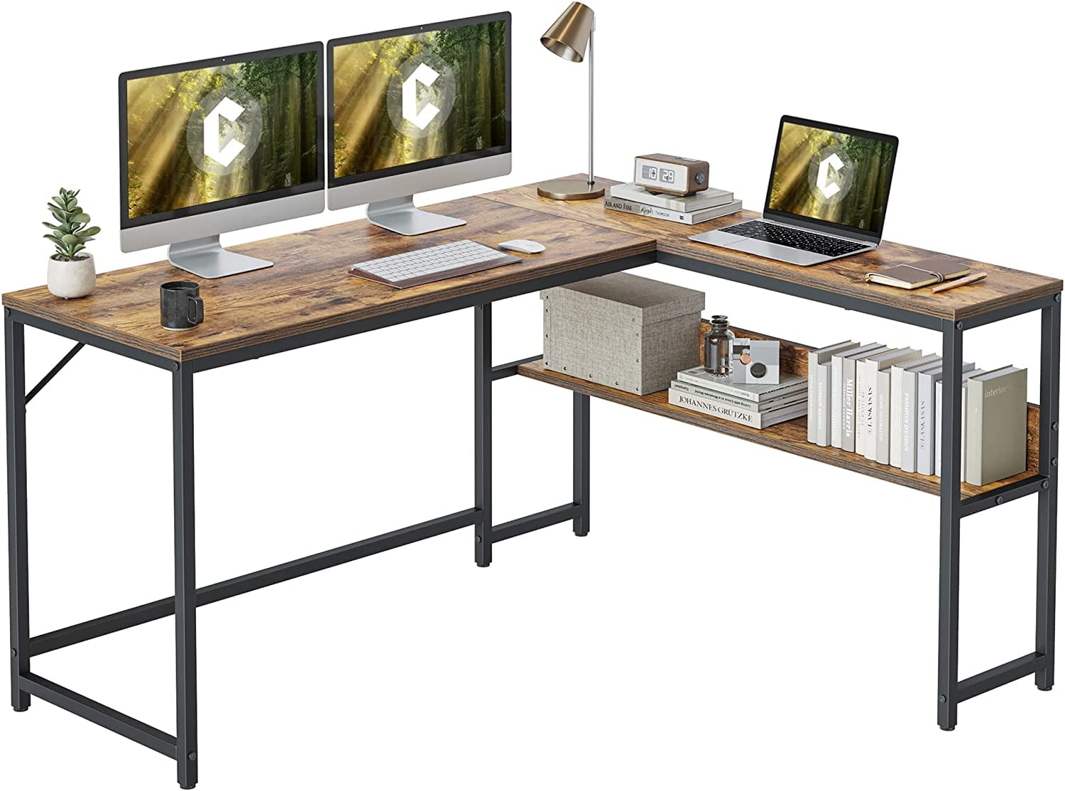 CubiCubi L Shaped Desk, 55.1 inch Corner Computer Desk with Storage Shelves, Study Writing Table Workstation with Open Shelves for Home Office, Rustic Brown