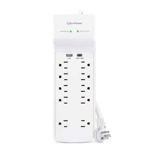 CyberPower P1004UC - 3600 J White Surge Protector, 1 USB-A  and 1 USB-C Port, 10 Outlets, 4 ft Cord