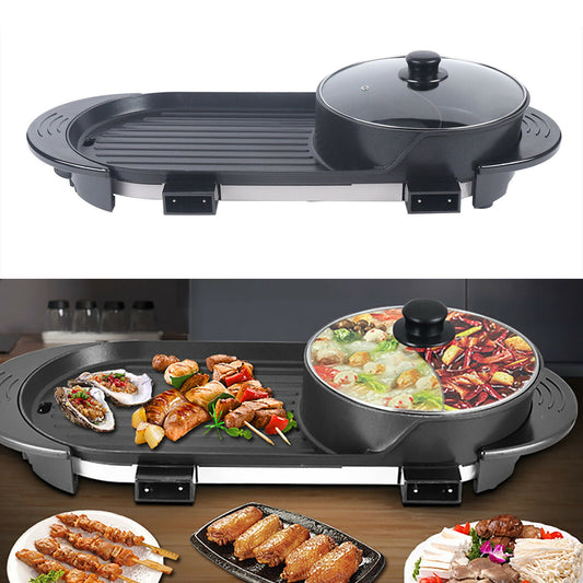 DENEST 2 in 1 Portable BBQ Grill Hot Pot Electric Barbecue Pan Non-Stick with Controller