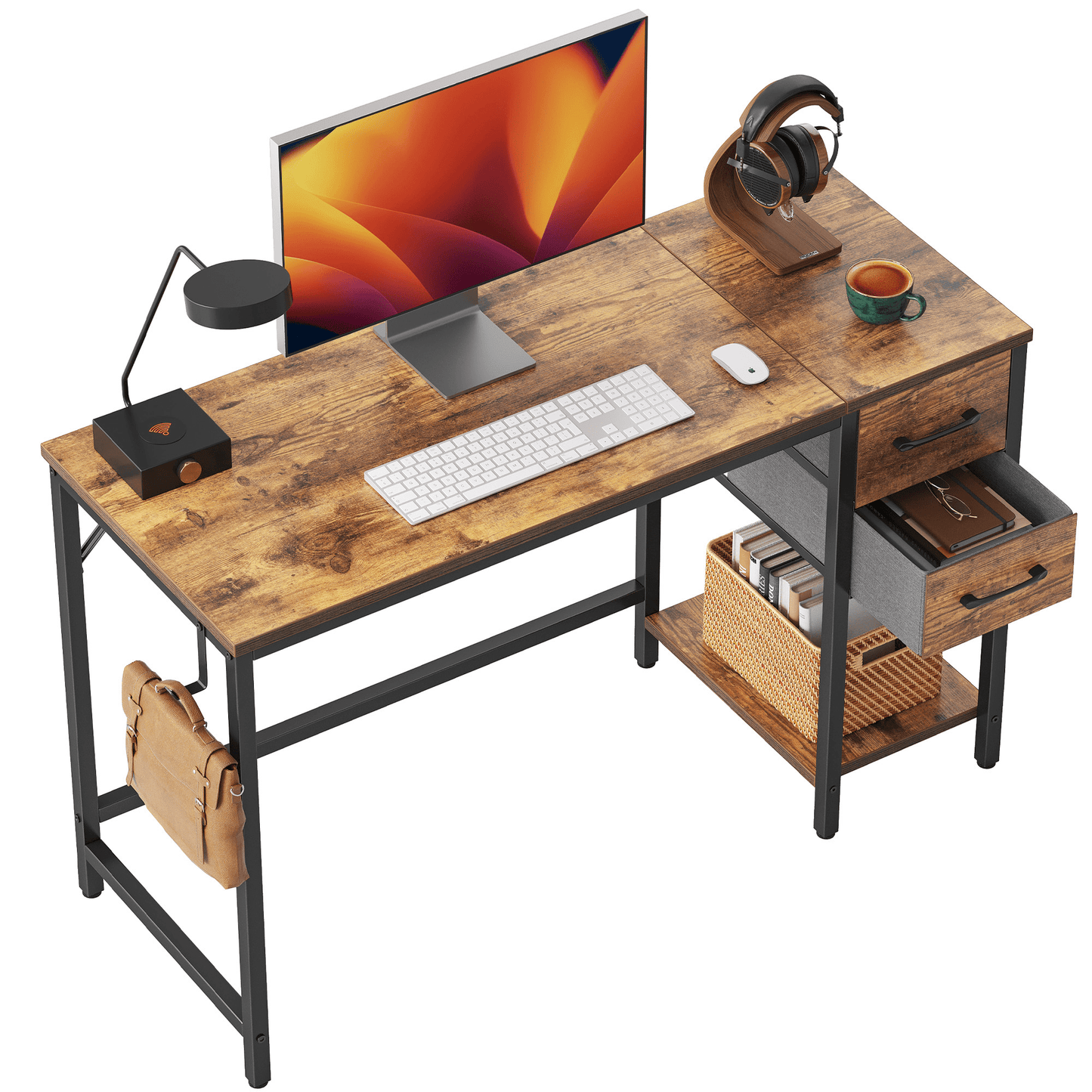 DESINO Computer Desk with Drawers, 40 Inch Study Writing Table, Modern Simple Style PC Desk for Bedroom, Gaming, Rustic Brown