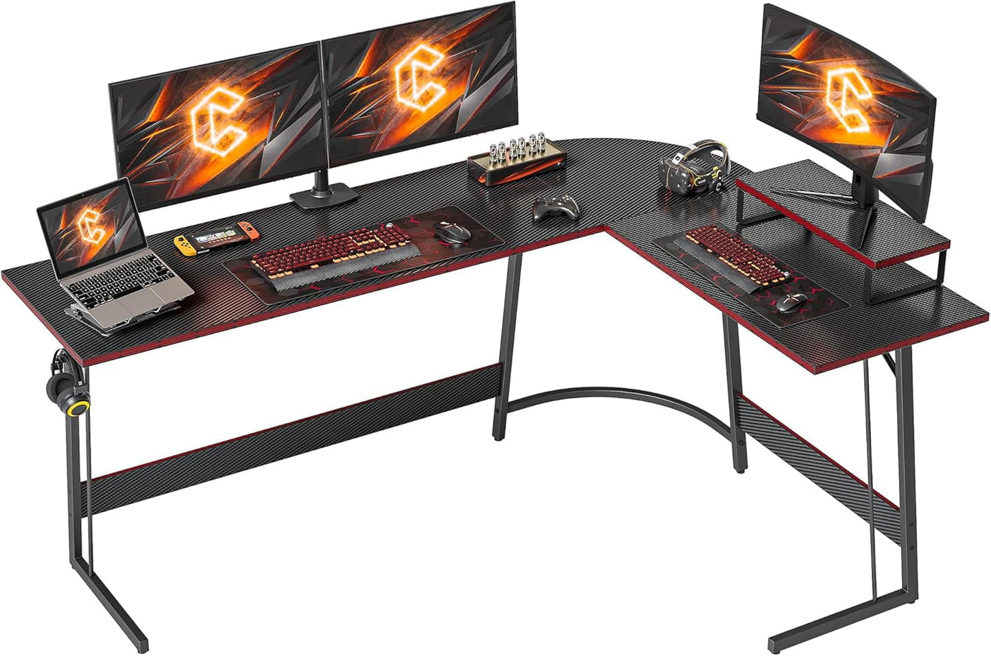 DESINO L-Shaped Desk, 67 Inches Gaming Desk, Corner Computer Desk with Removable Monitor Stand, Writing Workstation, Black Carbon Fiber